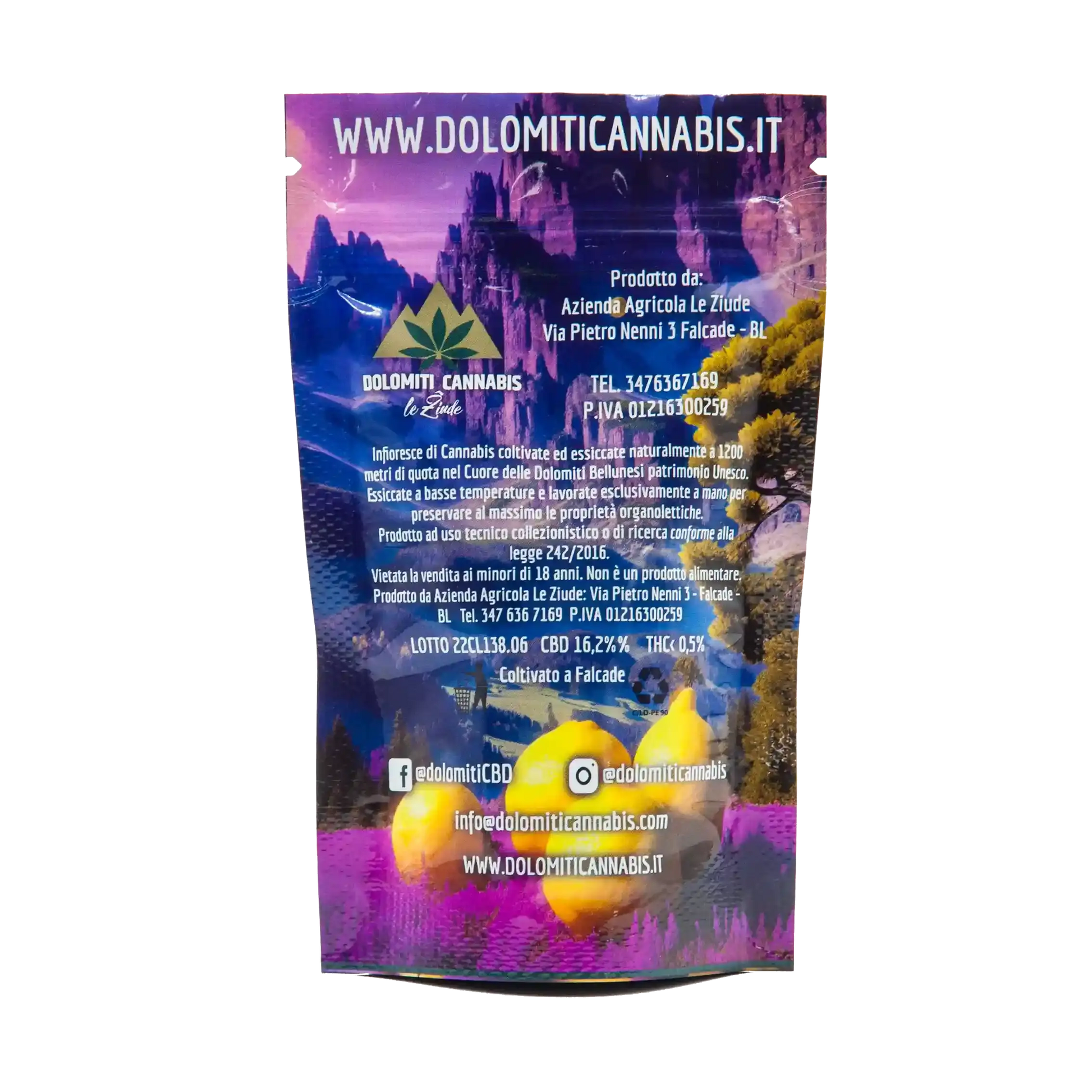 retro della confezione di cannabis light purple lemon haze con informazioni varie