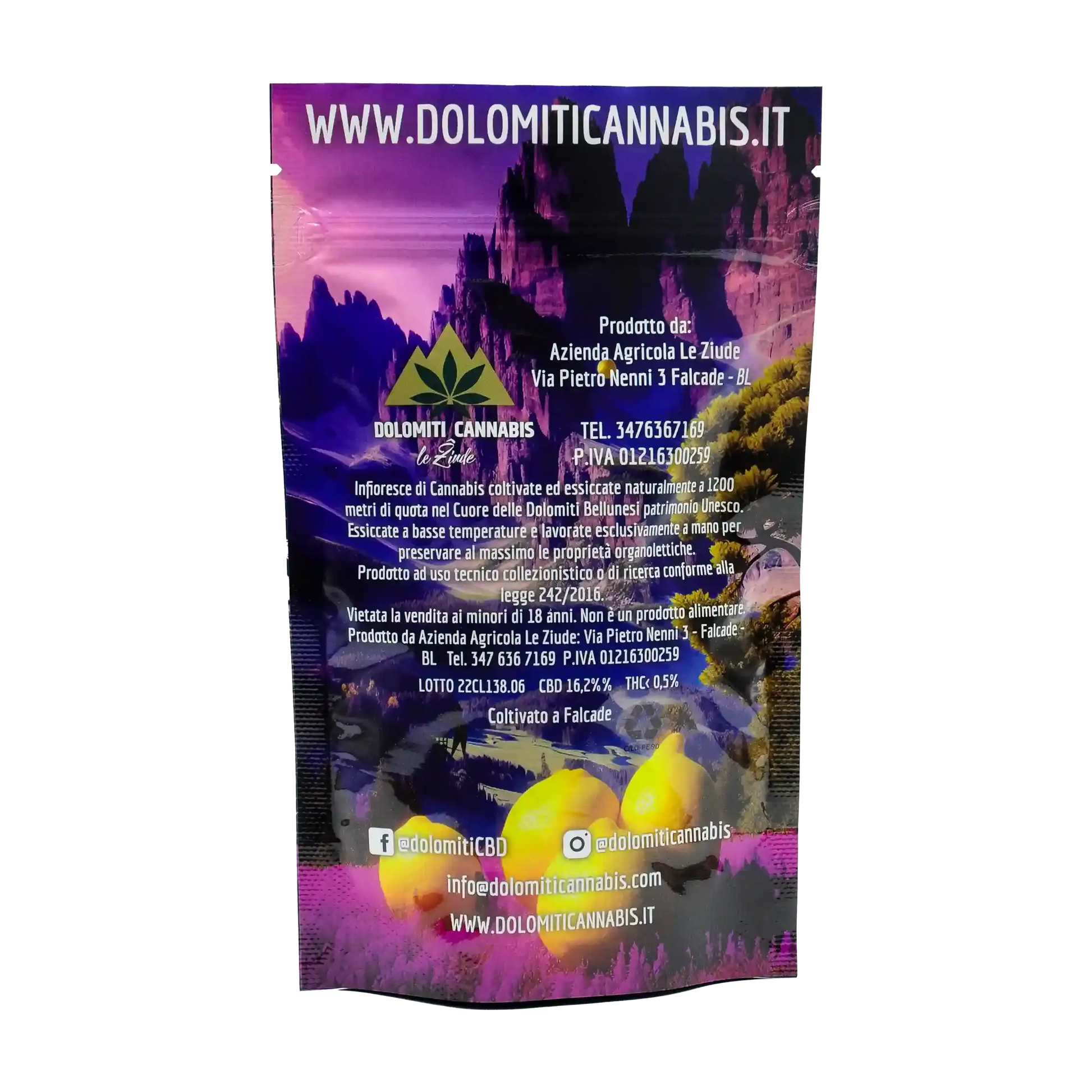 parte posteriore della busta di Erba legale purple lemon haze CBD con logo aziendale e contatti